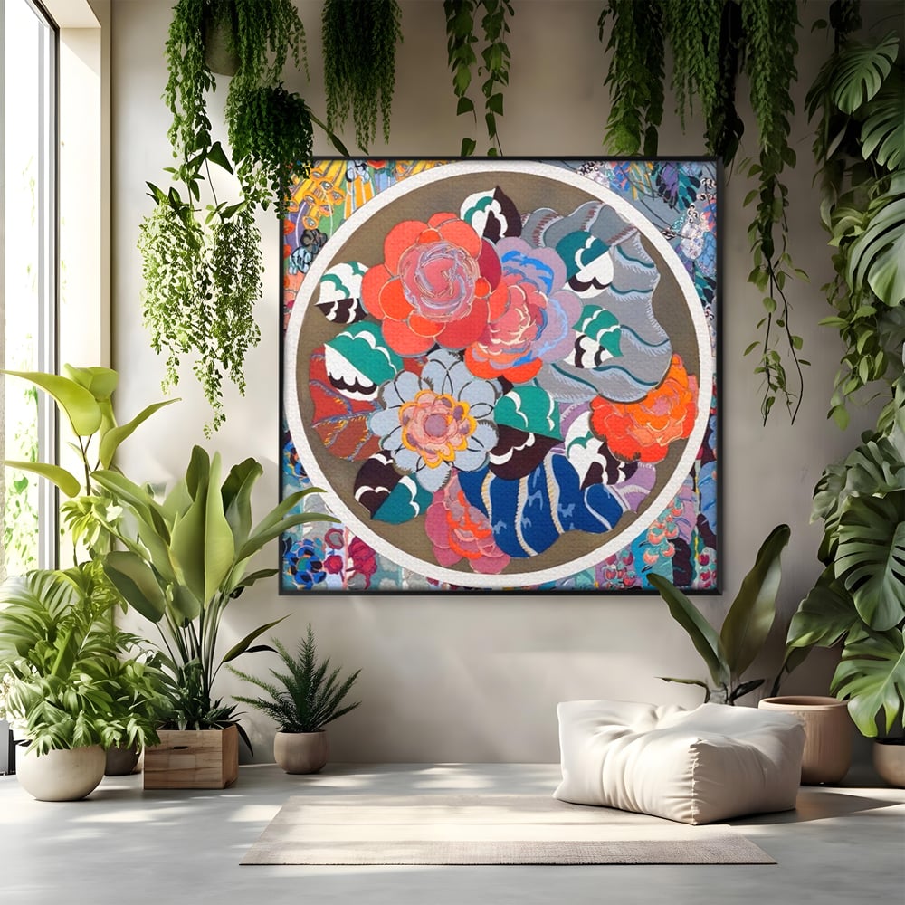 Tablou canvas cu tablou patrat cu flori colorate in cerc, in rama de aluminiu negru